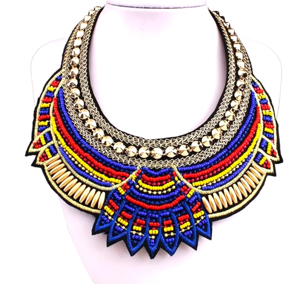 Exotic Blue/Red/Gold Boho Necklace - Picture 1 of 4